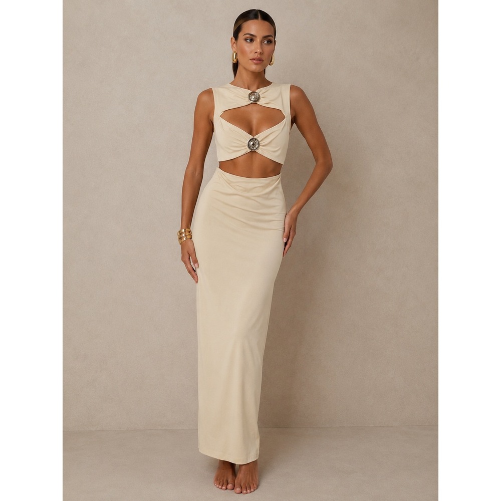 Zara Womens Midi Dress Large Cream Cut-Out Metallic Hardware 9398/249